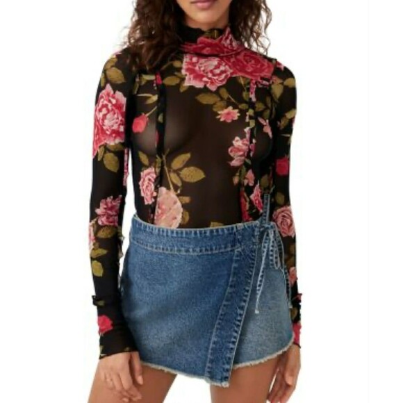 Free People Top Black Charlie Mesh Ruffle Long Sleeve Sold Out At Revolve sz XL - Picture 1 of 6